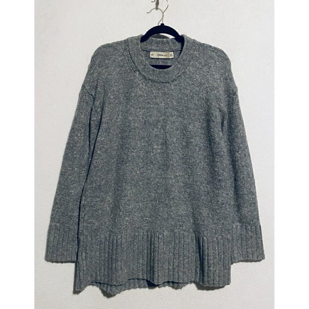 Zara Knit Sweater Womens Small Gray Pullover Wide Ribbed Hem Oversized Chunky